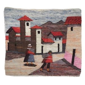 Vintage Peruvian Woven Wool Coil Folk Art Tapestry | 38 x 34